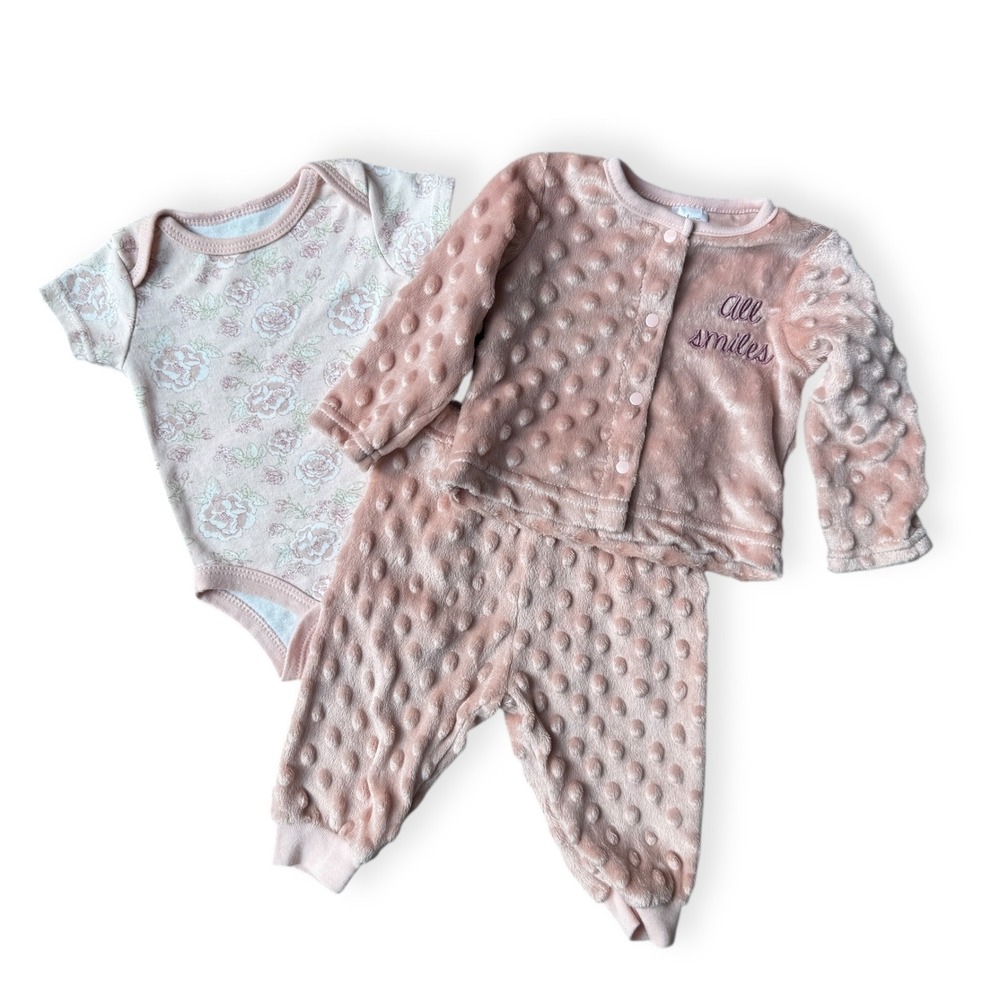 Le Top Bebe Baby Girl 0-3m Pink Floral Bodysuit/Cardigan/Pants Set